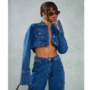 NWT - PrettyLittleThing Cuff Detail Cropped Denim Jacket, Mid wash – UK 8 / US 4